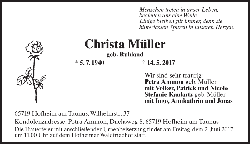 Traueranzeige für Christa Müller vom 19.05.2017 aus Trauerportal Rhein Main Presse