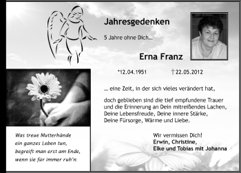 Traueranzeige von Erna Franz von Trauerportal Rhein Main Presse