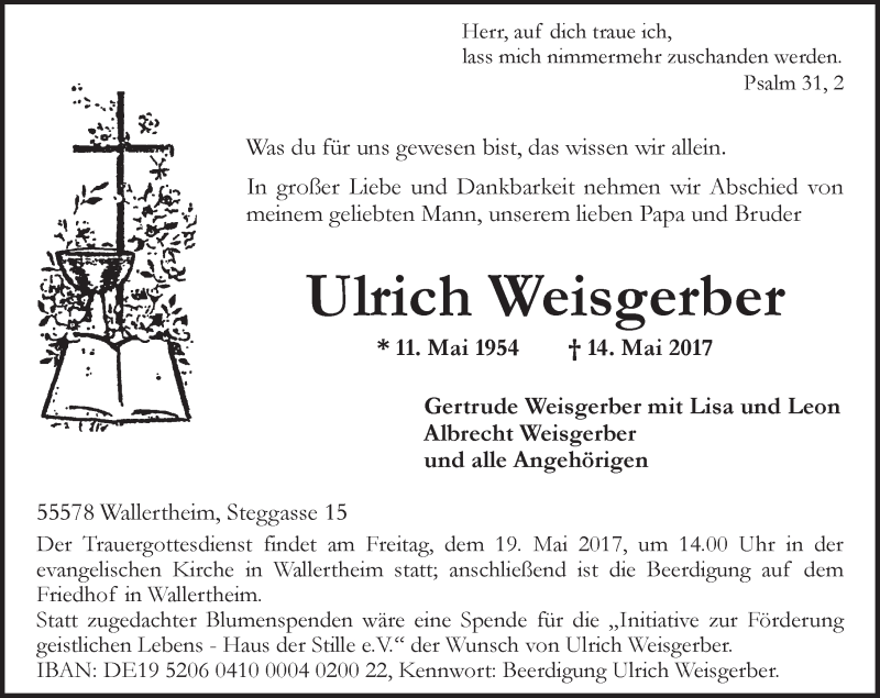  Traueranzeige für Ulrich Weisgerber vom 16.05.2017 aus Trauerportal Rhein Main Presse