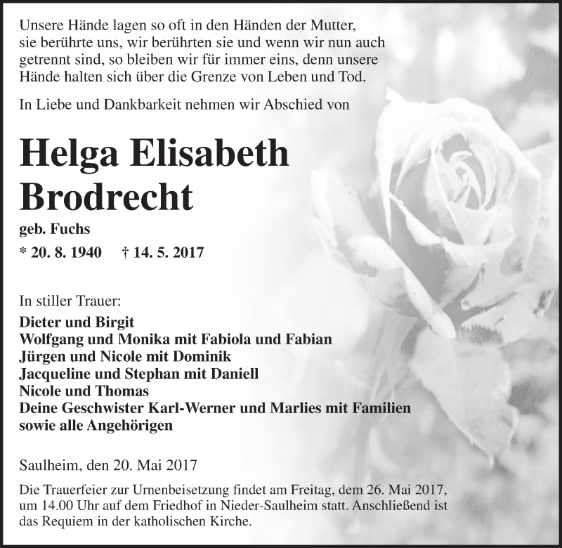  Traueranzeige für Helga Elisabeth Brodrecht vom 20.05.2017 aus Trauerportal Rhein Main Presse