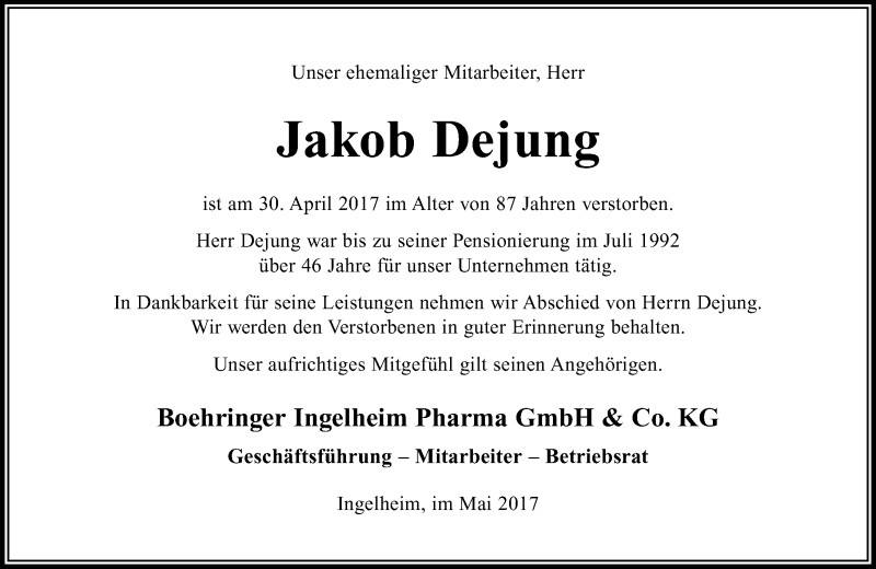 Traueranzeige für Jakob Dejung vom 20.05.2017 aus Trauerportal Rhein Main Presse