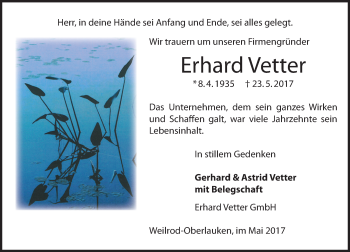 Traueranzeige von Erhard Vetter von  Usinger Anzeiger