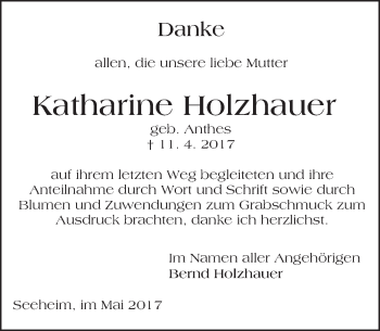 Traueranzeige von Katharine Holzhauer von Trauerportal Echo Online