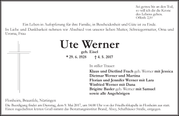 Traueranzeige von Ute Werner von Trauerportal Rhein Main Presse