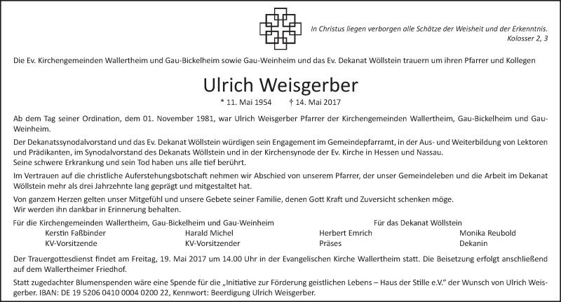  Traueranzeige für Ulrich Weisgerber vom 18.05.2017 aus Trauerportal Rhein Main Presse