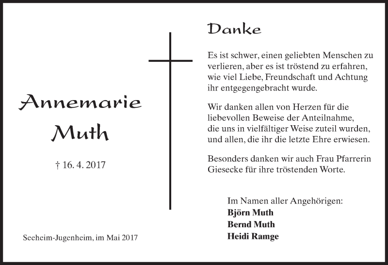  Traueranzeige für Annemarie Muth vom 06.05.2017 aus Trauerportal Echo Online