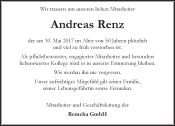 Traueranzeige von Andreas Renz von Trauerportal Rhein Main Presse