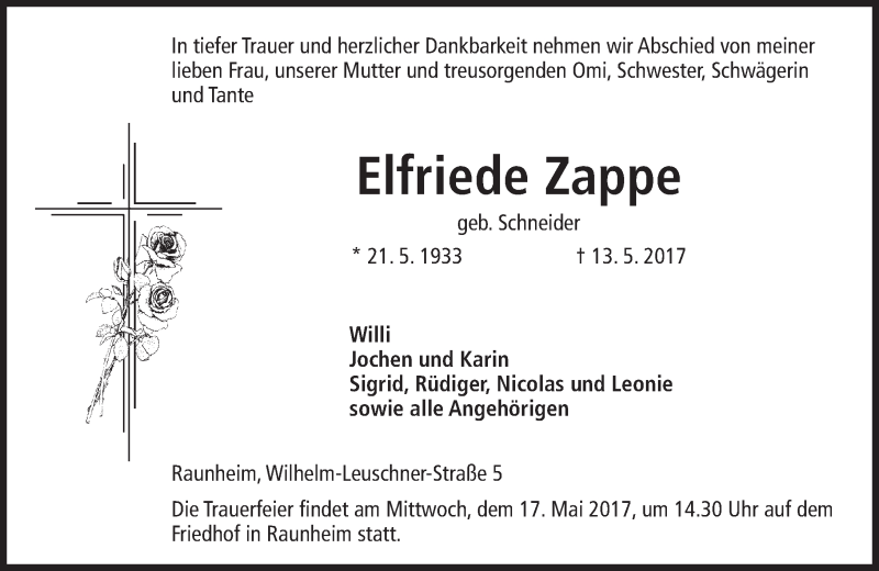  Traueranzeige für Elfriede Zappe vom 16.05.2017 aus Trauerportal Rhein Main Presse