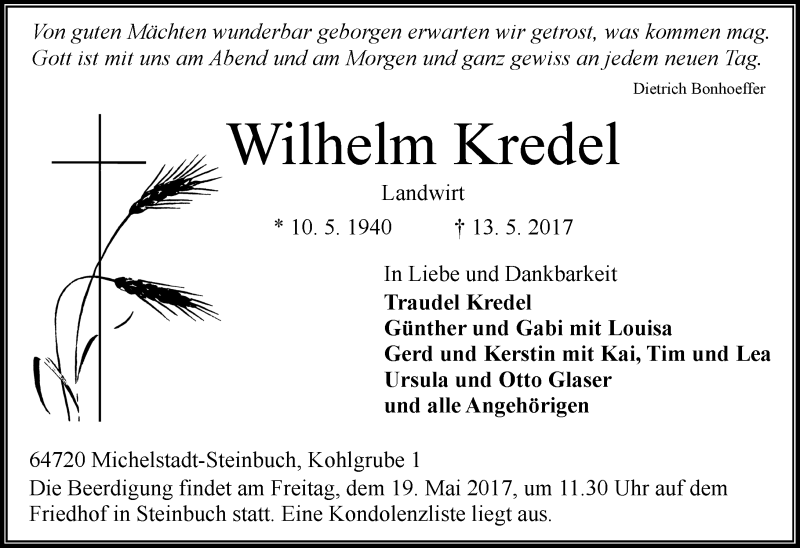  Traueranzeige für Wilhelm Kredel vom 17.05.2017 aus Trauerportal Echo Online