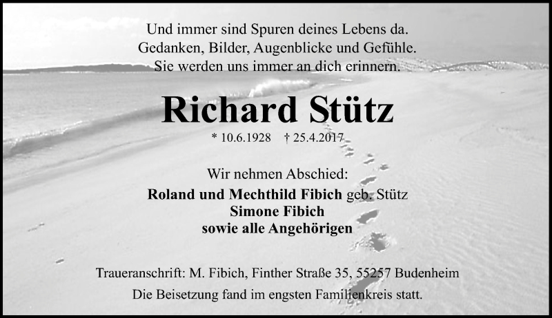  Traueranzeige für Richard Stütz vom 06.05.2017 aus Trauerportal Rhein Main Presse