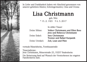 Traueranzeige von Lisa Christmann von Trauerportal Rhein Main Presse