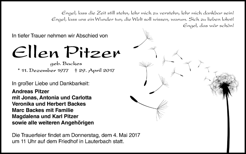  Traueranzeige für Ellen Pitzer vom 02.05.2017 aus VRM Trauer