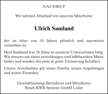Traueranzeige von Ulrich Samland von  Gießener Anzeiger