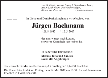Traueranzeige von Jürgen Bachmann von Trauerportal Rhein Main Presse