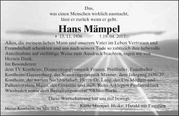 Traueranzeige von Hans Mämpel von Trauerportal Rhein Main Presse