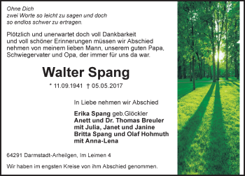 Traueranzeige von Walter Spang von Trauerportal Echo Online
