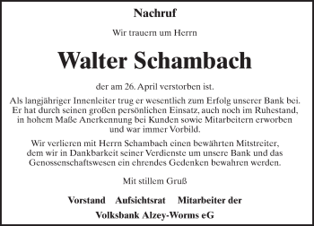 Traueranzeige von Walter Schambach von Trauerportal Rhein Main Presse
