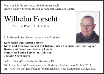 Traueranzeige von Wilhelm Forscht von Trauerportal Echo Online