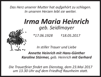 Traueranzeige von Irma Maria Heinrich von Trauerportal Rhein Main Presse