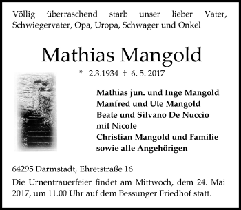 Traueranzeige von Mathias Mangold von Trauerportal Echo Online
