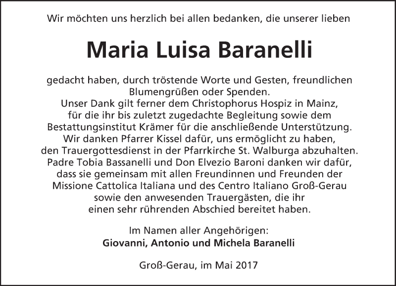  Traueranzeige für Maria Luisa Baranelli vom 27.05.2017 aus Trauerportal Echo Online
