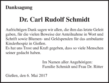 Traueranzeige von Carl Rudolf Schmidt von  Gießener Anzeiger