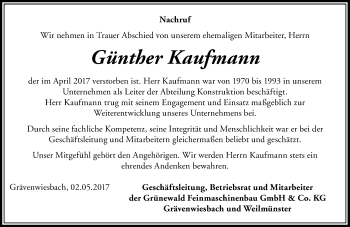 Traueranzeige von Günther Kaufmann von  Usinger Anzeiger