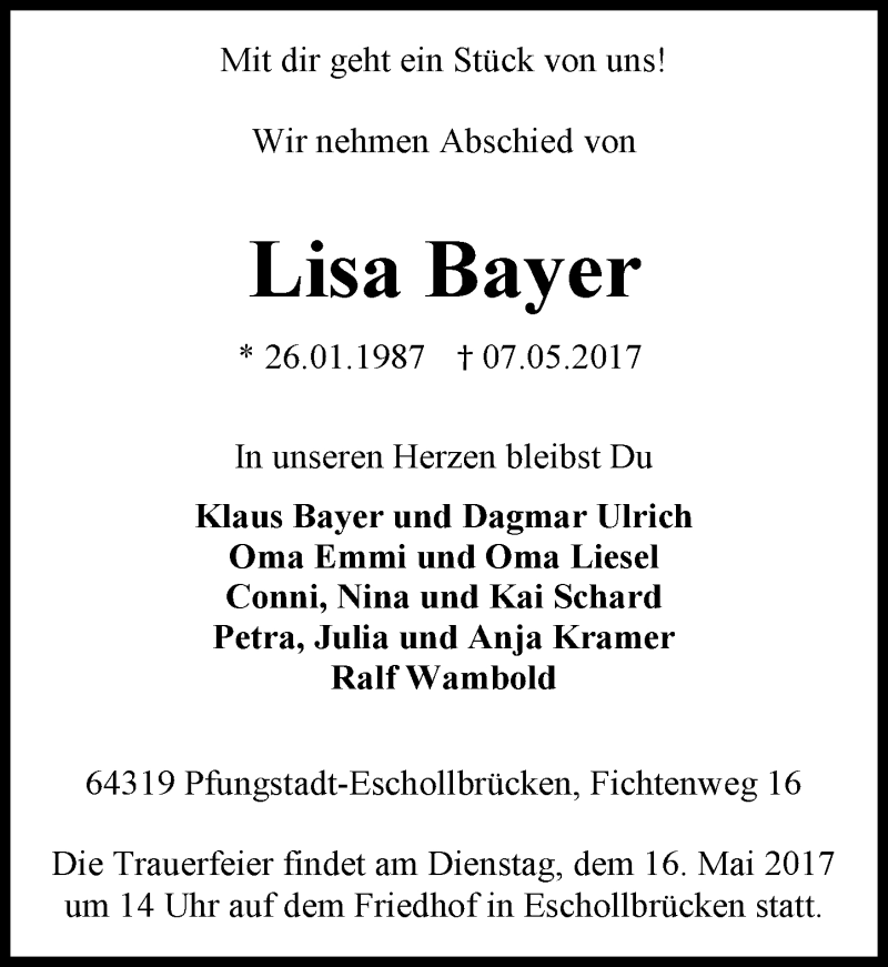  Traueranzeige für Lisa Bayer vom 13.05.2017 aus Trauerportal Echo Online
