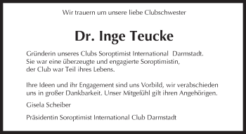 Traueranzeige von Inge Teucke von Trauerportal Echo Online