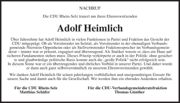 Traueranzeige von Adolf Heimlich von Trauerportal Rhein Main Presse