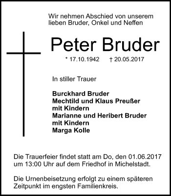 Traueranzeige von Peter Bruder von Trauerportal Echo Online