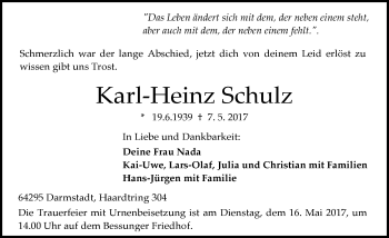 Traueranzeige von Karl-Heinz Schulz von Trauerportal Echo Online