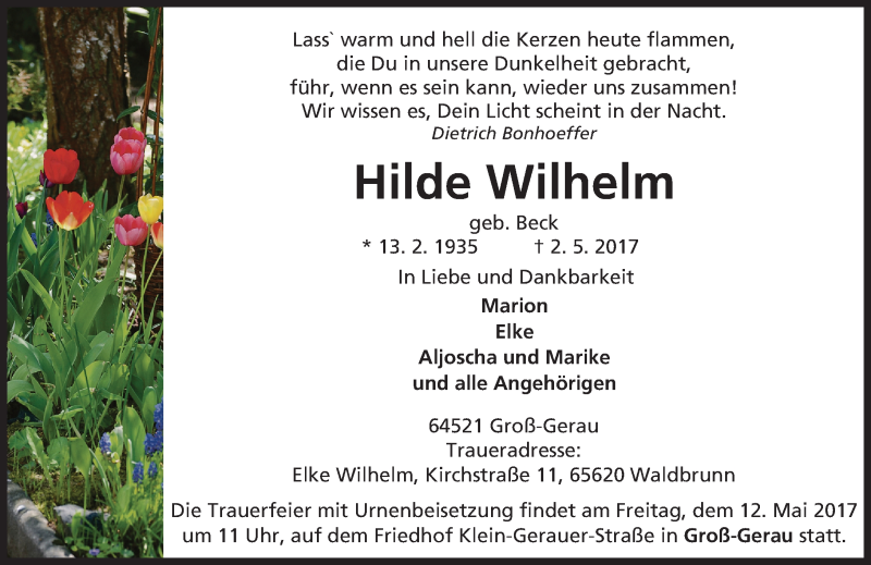  Traueranzeige für Hilde Wilhelm vom 06.05.2017 aus Trauerportal Echo Online