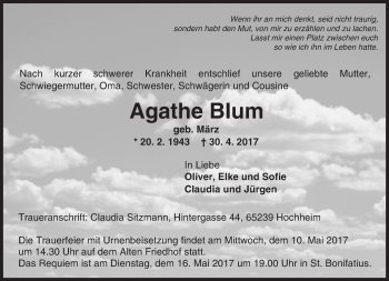 Traueranzeige von Agathe Blum von Trauerportal Rhein Main Presse