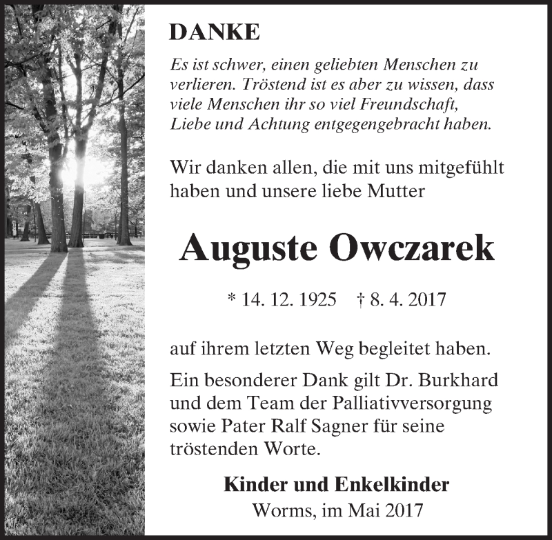  Traueranzeige für Auguste Owczarek vom 29.05.2017 aus Trauerportal Rhein Main Presse
