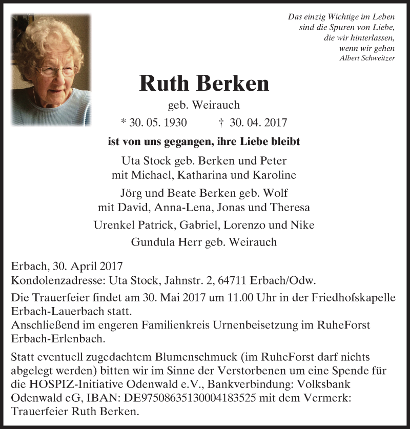  Traueranzeige für Ruth Berken vom 06.05.2017 aus Trauerportal Echo Online