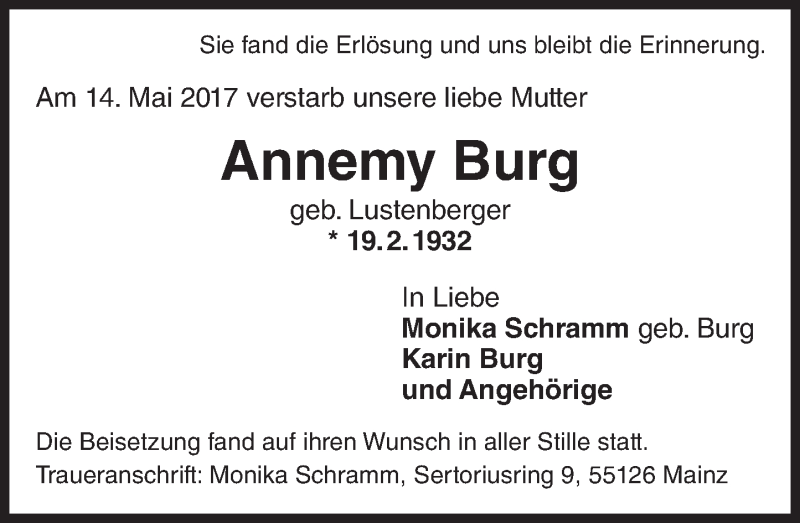  Traueranzeige für Annemy Burg vom 27.05.2017 aus Trauerportal Rhein Main Presse