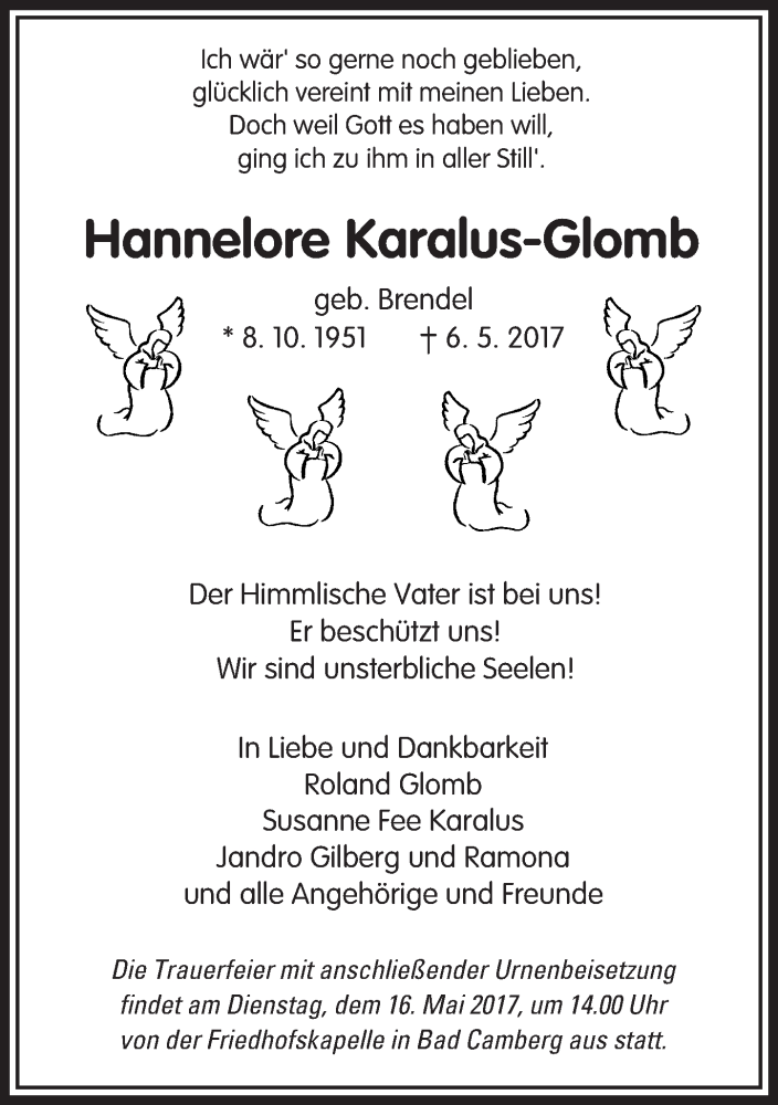  Traueranzeige für Hannelore Karalus-Glomb vom 11.05.2017 aus  Camberger Anzeiger