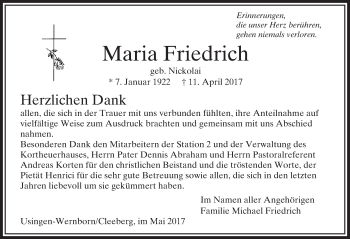 Traueranzeige von Maria Friedrich von  Usinger Anzeiger