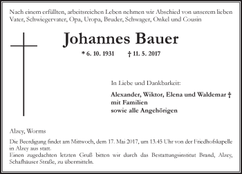 Traueranzeige von Johannes Bauer von Trauerportal Rhein Main Presse