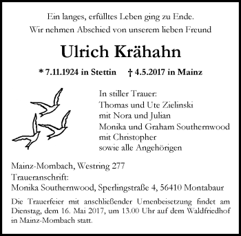 Traueranzeige von Ulrich Krähahn von Trauerportal Rhein Main Presse