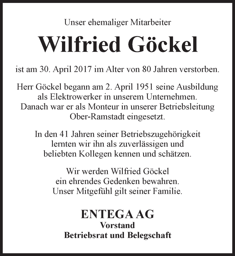  Traueranzeige für Wilfried Göckel vom 13.05.2017 aus Trauerportal Echo Online