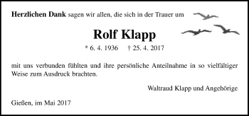 Traueranzeige von Rolf Klapp von  Gießener Anzeiger
