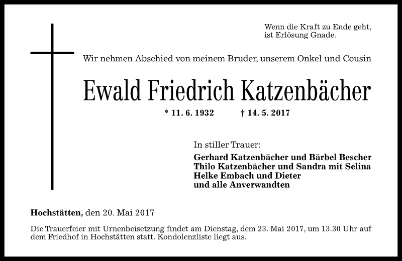  Traueranzeige für Ewald Friedrich Katzenbächer vom 20.05.2017 aus Trauerportal Rhein Main Presse