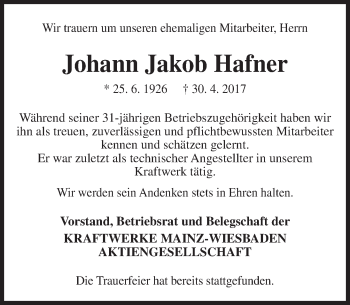 Traueranzeige von Johann Jakob Hafner von Trauerportal Rhein Main Presse