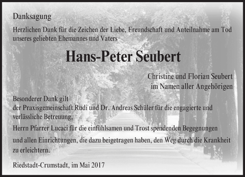  Traueranzeige für Hans-Peter Seubert vom 20.05.2017 aus Trauerportal Echo Online