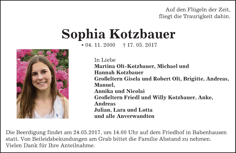  Traueranzeige für Sophia Kotzbauer vom 23.05.2017 aus Trauerportal Echo Online
