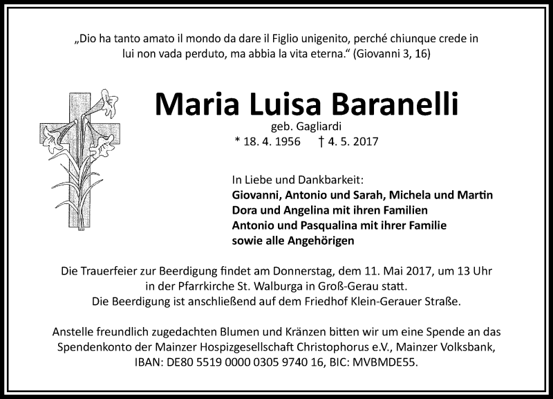  Traueranzeige für Maria Luisa Baranelli vom 08.05.2017 aus Trauerportal Echo Online