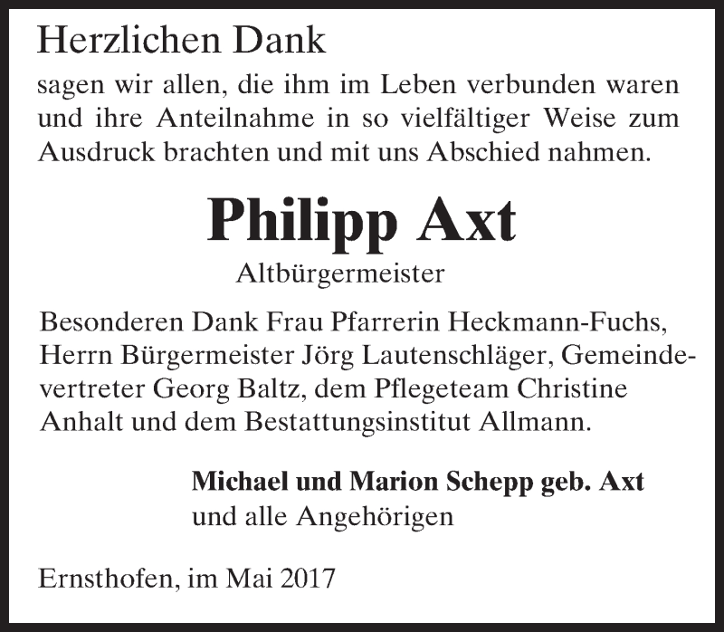  Traueranzeige für Philipp Axt vom 06.05.2017 aus Trauerportal Echo Online