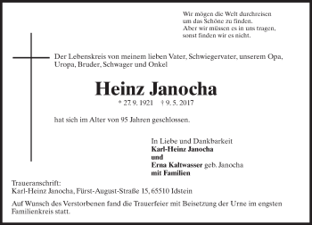 Traueranzeige von Heinz Janocha von Trauerportal Rhein Main Presse